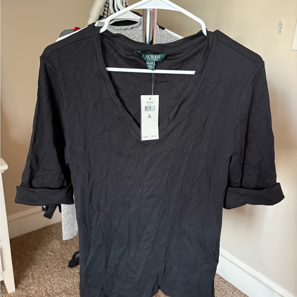 Lauren Ralph Lauren Black Short Sleeve V-Neck Top